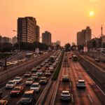 Heavy Traffic in a Sunset Cityscape Setting